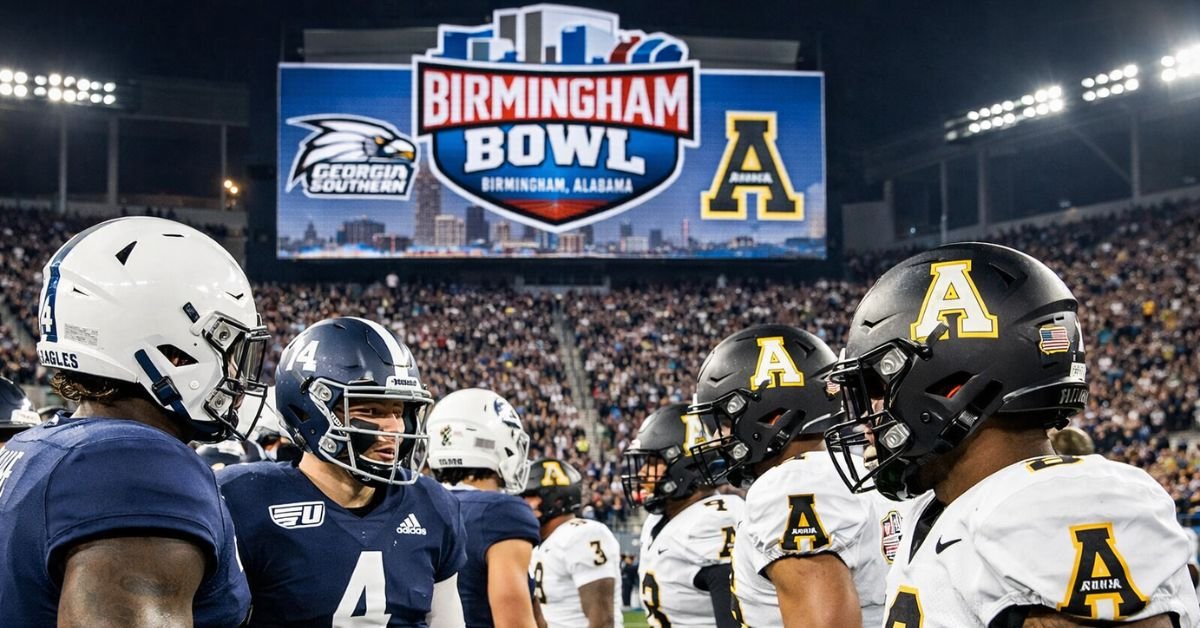 Georgia Southern Eagles and Appalachian State Mountaineers line up on the field at Protective Stadium ahead of their Birmingham Bowl rivalry matchup in Birmingham, Alabama.