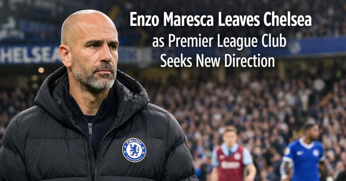 Stamford Bridge stadium in London under an overcast sky, with an empty pitch and Chelsea blue seating, representing Premier League football news.