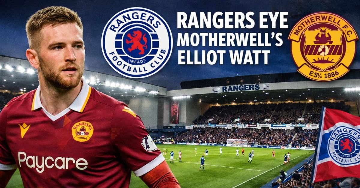 Elliot Watt of Motherwell in action as Rangers consider January transfer move, with Ibrox Stadium in the background.