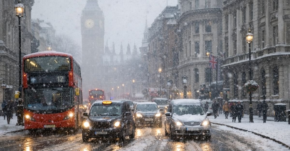 Snow-covered street in central London with light snowfall and slow-moving cars and buses during the morning rush hour.