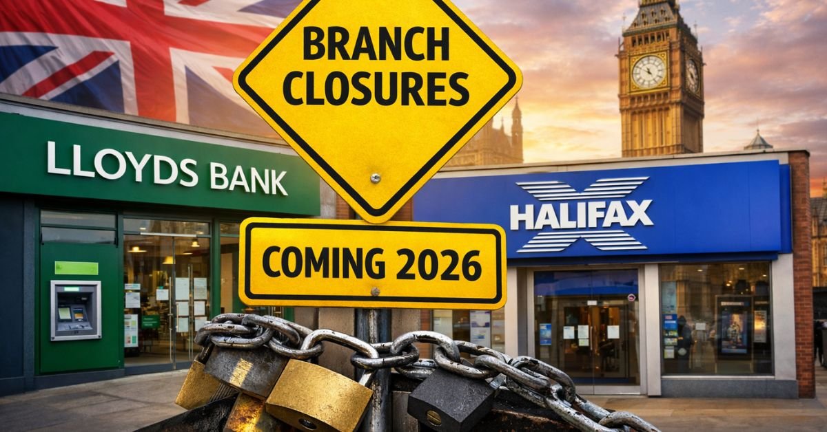 Closed Lloyds Bank and Halifax branches in the UK with branch closure warning sign, highlighting Lloyds Banking Group’s planned 2026 bank branch closures.