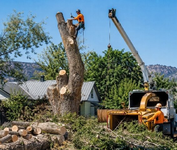 Tree removal service cutting down a large tree